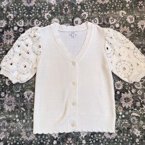 crown & ivy Cream Crochet Puff Sleeve Cardigan